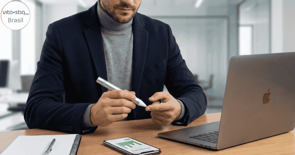 Medição de Vitamina B12 com Vitastiq para foco e performance mental no trabalho.
