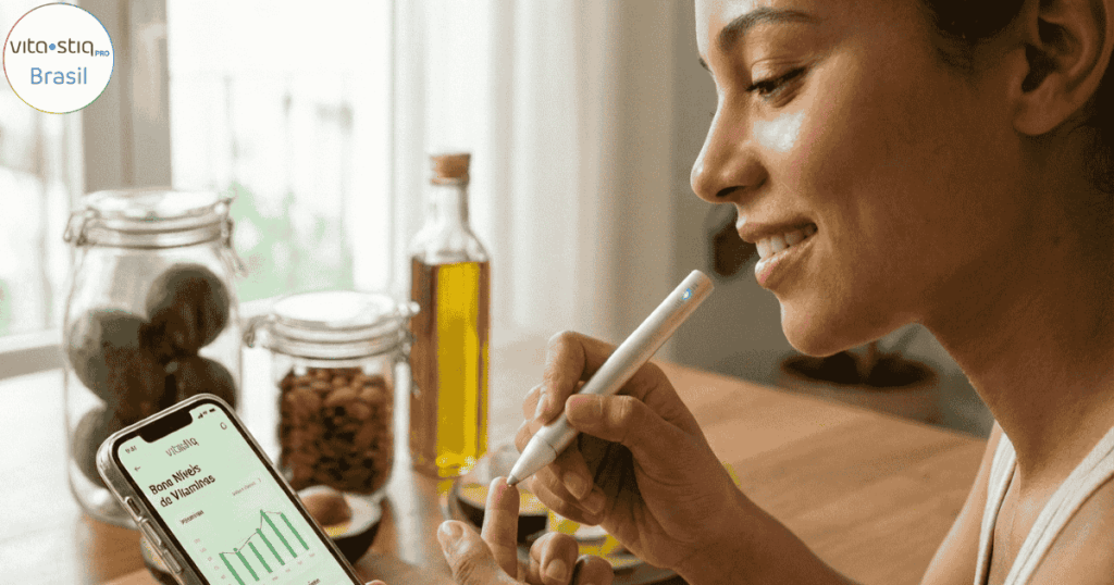 Mulher com pele saudável a usar o Vitastiq para medir vitaminas da beleza.
