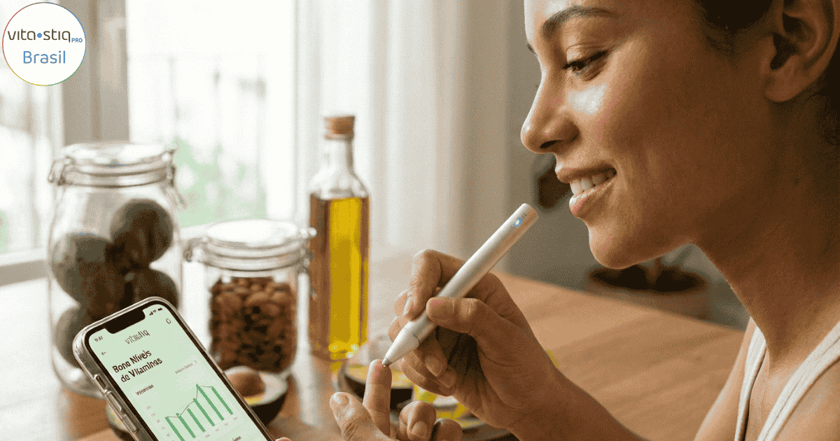 Mulher com pele saudável a usar o Vitastiq para medir vitaminas da beleza.